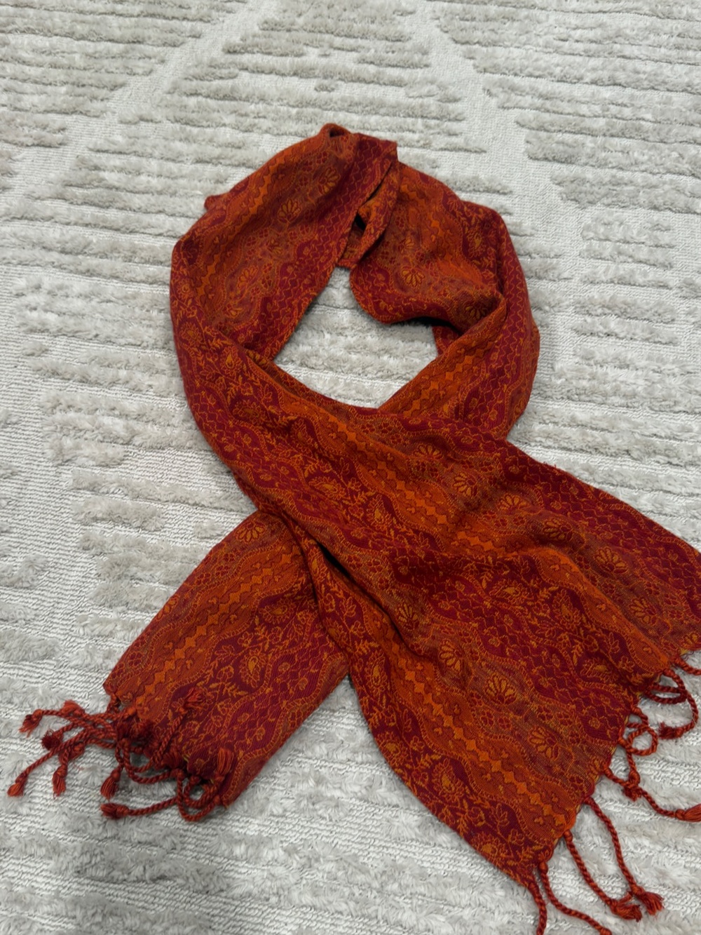 Cost Plus World Market Red-Orange Paisley Fringe Wrap Scarf